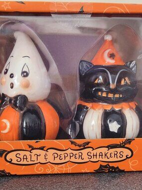 Transpac Johanna Parker Halloween Ghost And Black Cat Salt & Pepper Shakers NWT